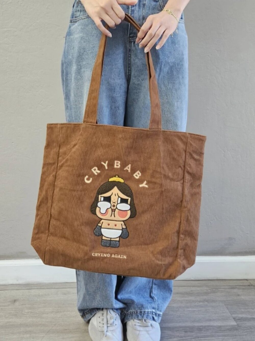 POP MART Cry Baby Crying Again Brown Corduroy Tote Bag